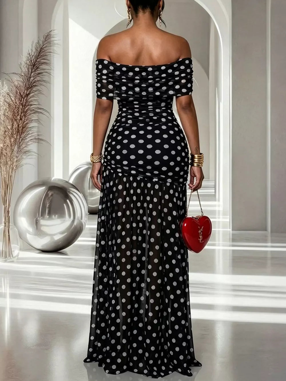 white maxi dress featuring ruched and polka dot