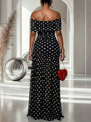 white maxi dress featuring ruched and polka dot