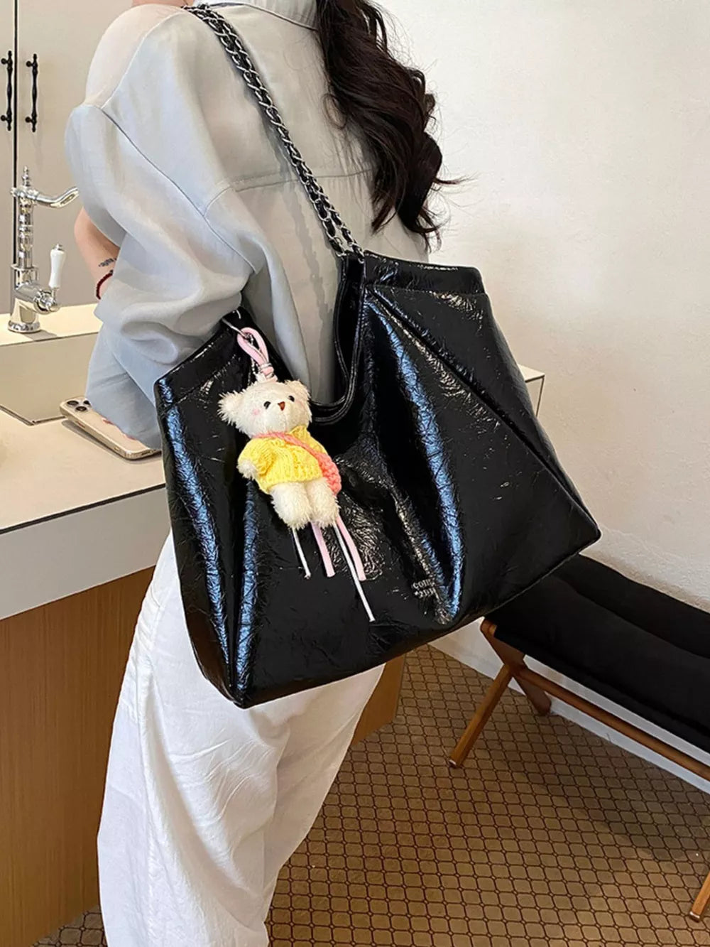Yellow Pu Leather Large Shoulder Bag