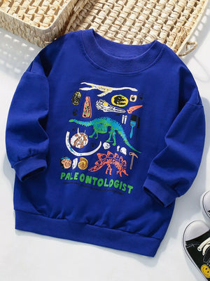 Kids' blue sweatshirt with dinosaur graphic and paleontologist text
