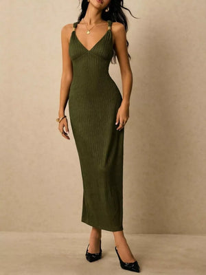 Olive ribbed midi dress with V-neck and gold-detail straps.