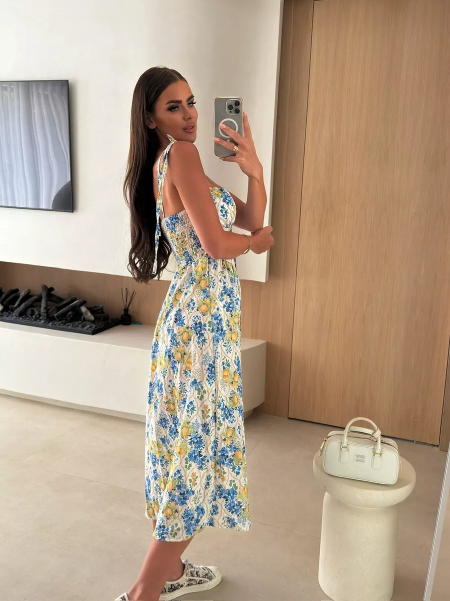Floral tie-strap midi dress with smocked bodice and lemon print