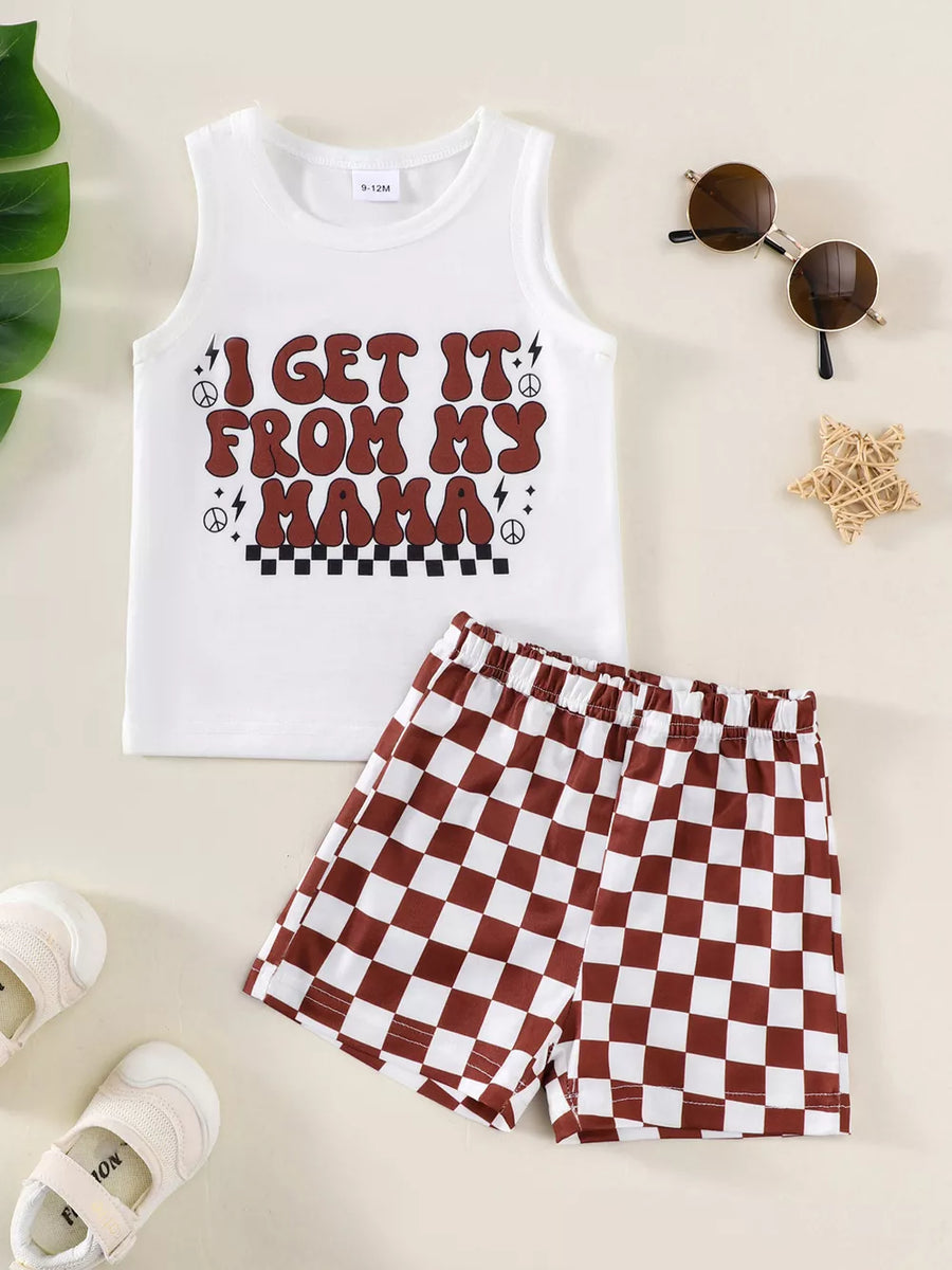 Baby girl's white graphic tank top and brown checkered shorts set.