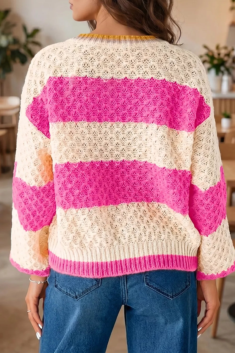 Hot Pink with Striped Colorblock Drop Shoulder Sweater in Hot Pink