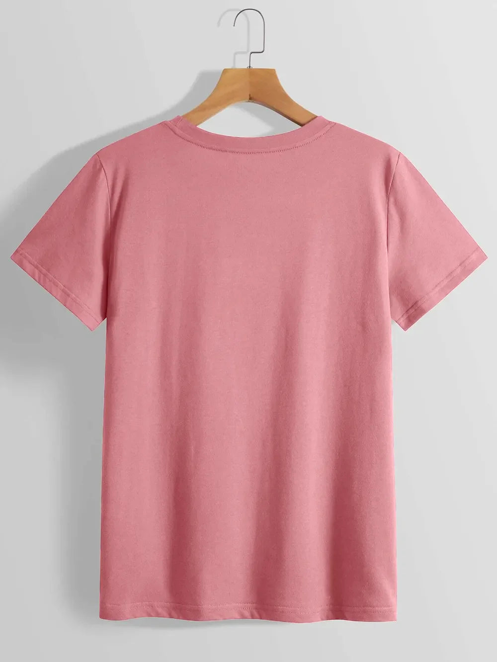 Pink short sleeve t-shirt with crew neck, plain back.