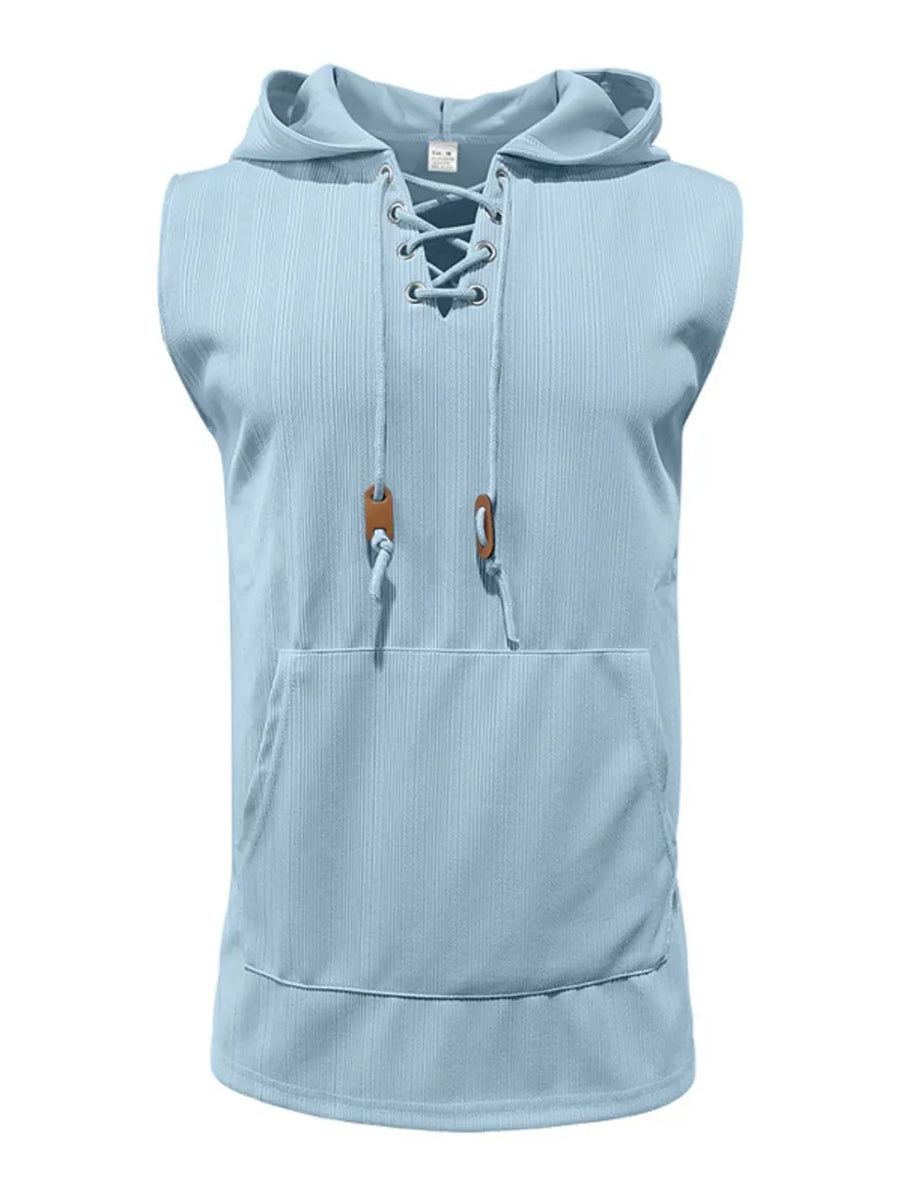 Light blue sleeveless ribbed knit hoodie with lace-up neckline and front pocket.