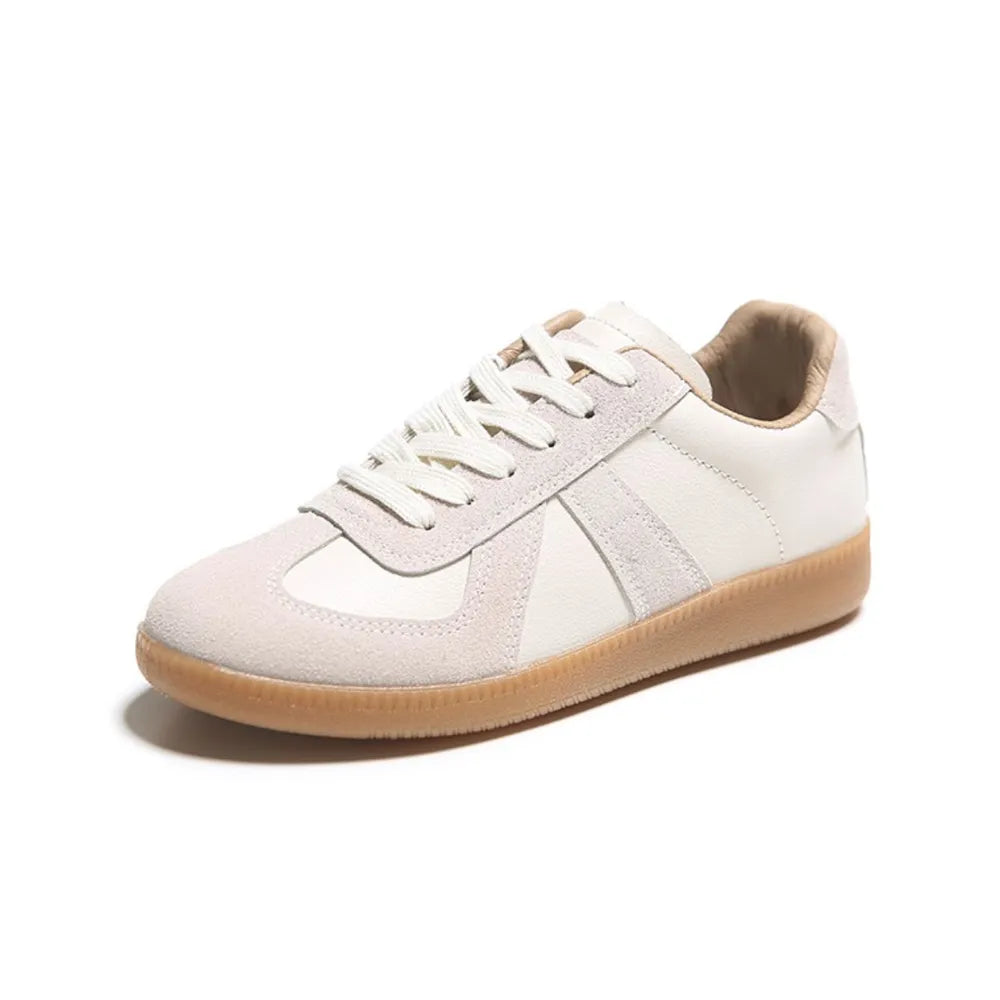 Beige suede and leather retro trainers with gum sole and white laces.