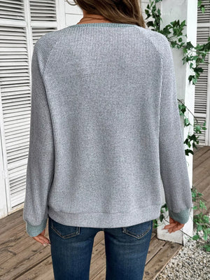 Gray ribbed maternity shirt with contrast trim, acrylic blend.