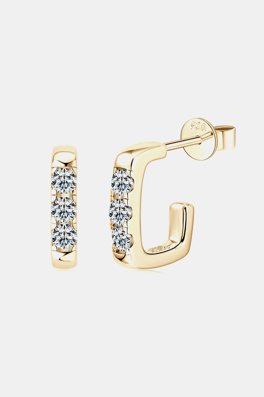 Gold square pavé moissanite hoop earrings with three stones each.