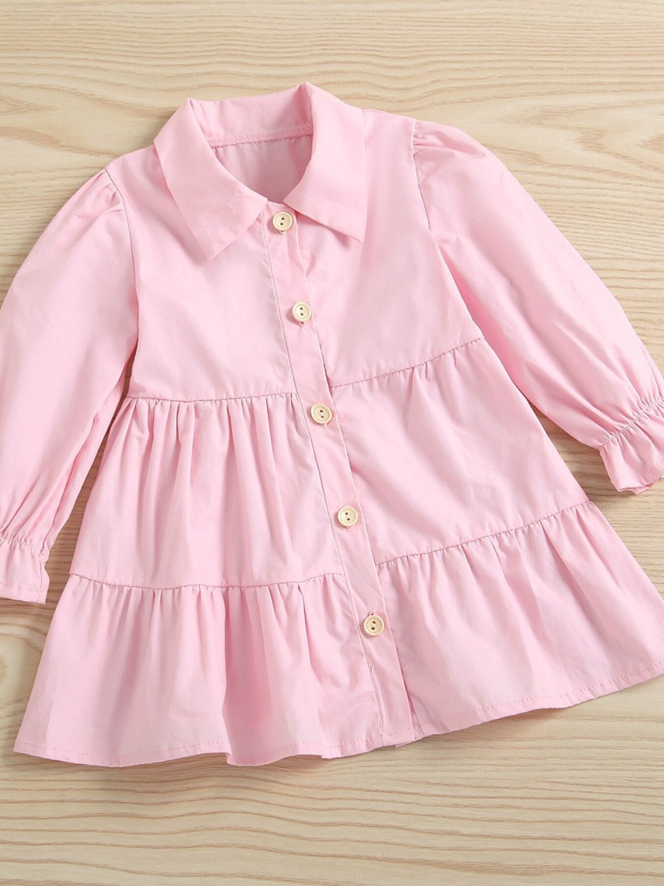 Toddler pink cotton button front tiered dress with collar and long sleeves