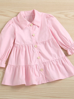 Toddler pink cotton button front tiered dress with collar and long sleeves