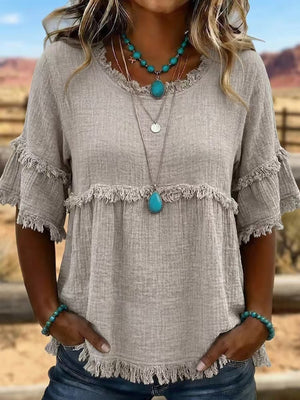 Full Size Frayed Edge Textured Blouse Plus Size in Blue with fringe