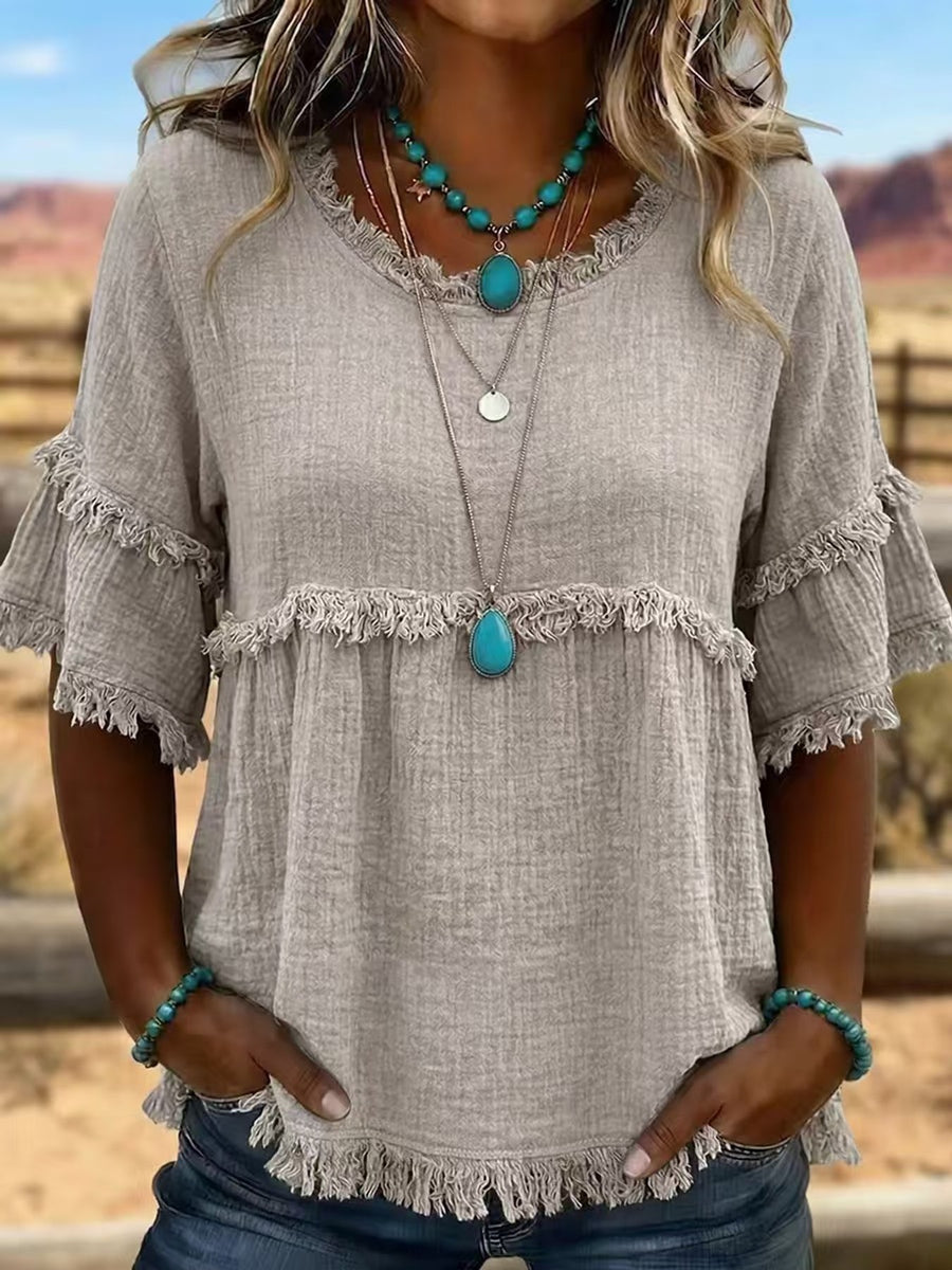 Full Size Frayed Edge Textured Blouse Plus Size in Blue with fringe