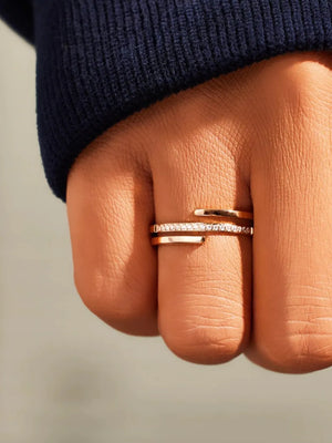 Rose gold double band open ring with pave zirconia detail.