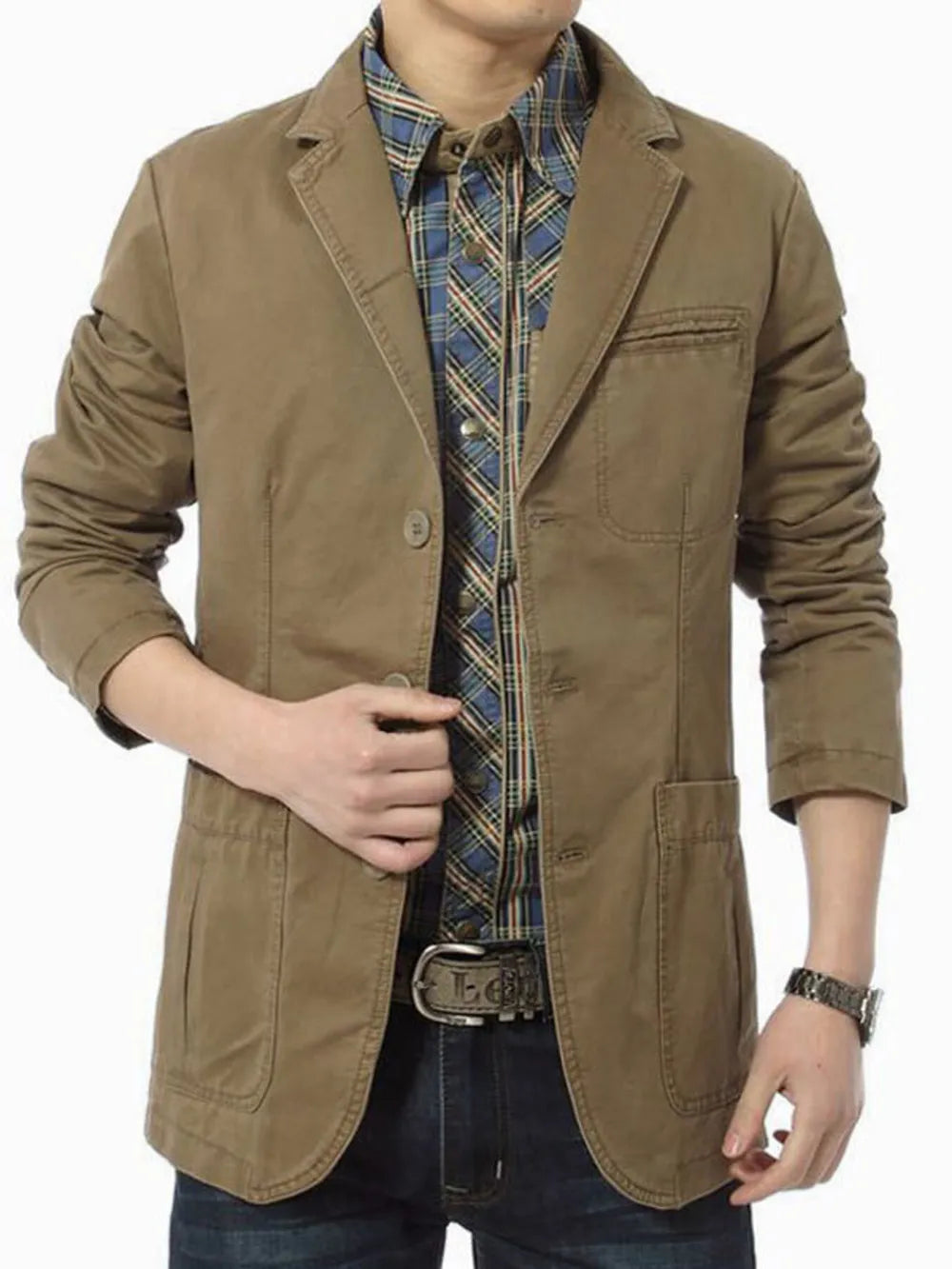Khaki cotton lapel collar sport jacket with buttoned front and flap pockets.