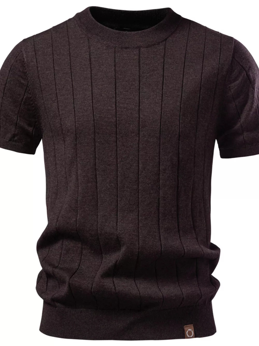 Men's coffee ribbed knit sweater with short sleeves and vertical texture detail.