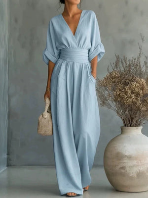 jumpsuit in sky blue featuring pocketed and relaxed fit
