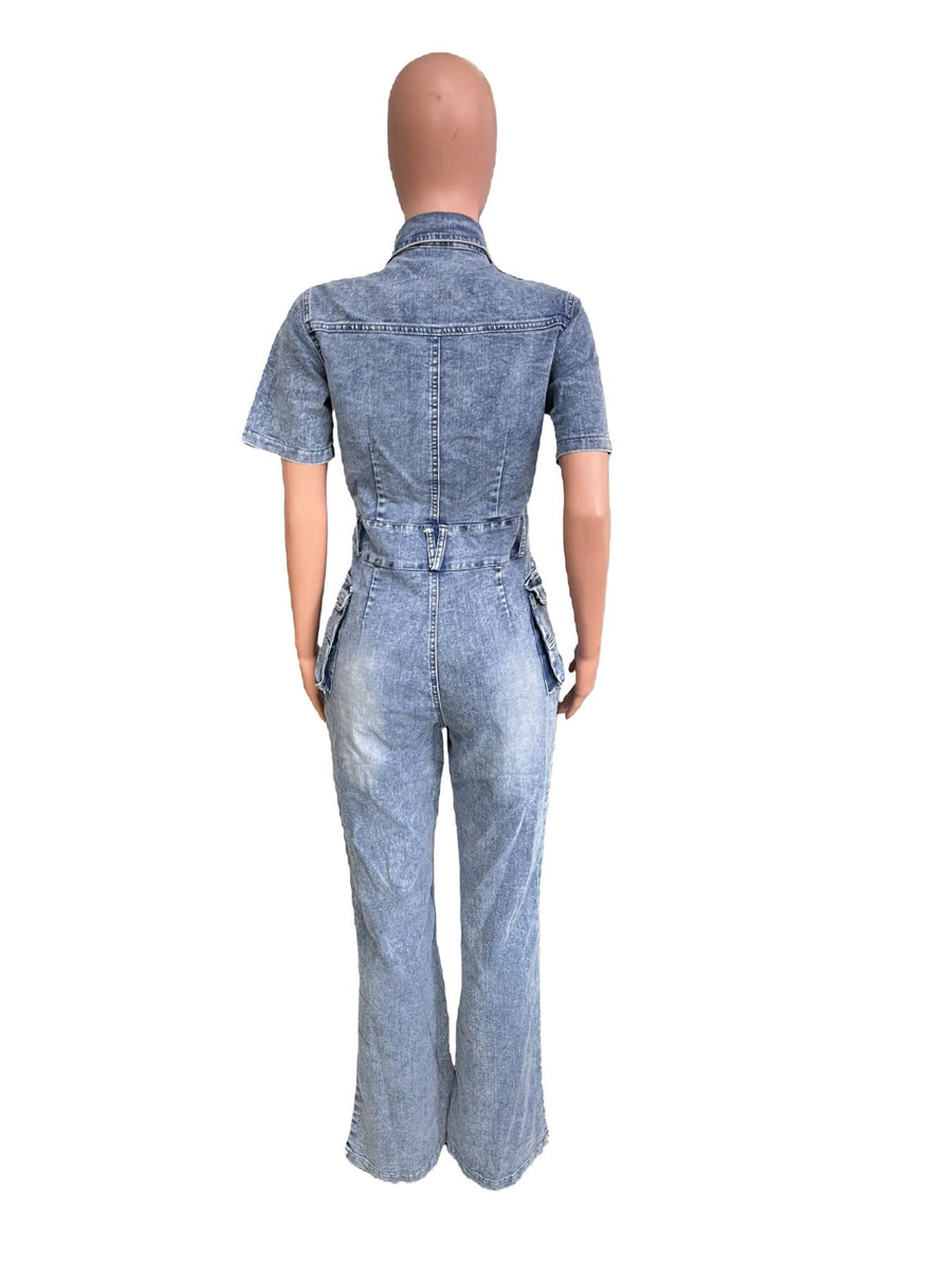 Slim-Fit Denim Jumpsuit With Cargo Pockets in light blue with washed