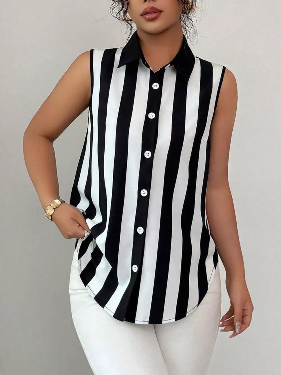 Sleeveless collared shirt in black and white stripes with button front.