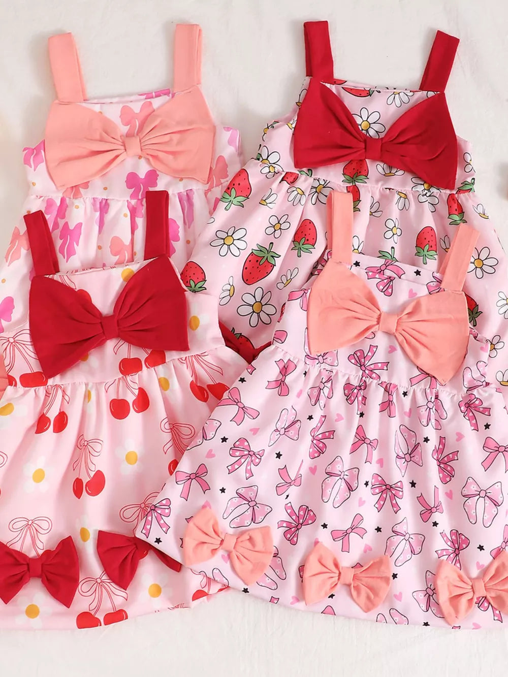 Baby dresses with bow details in pink, strawberry, red, and purple prints.