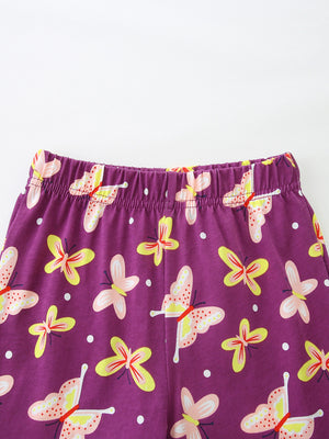Purple cotton toddler girls' undershirt with allover butterfly print and ruffled sleeves.