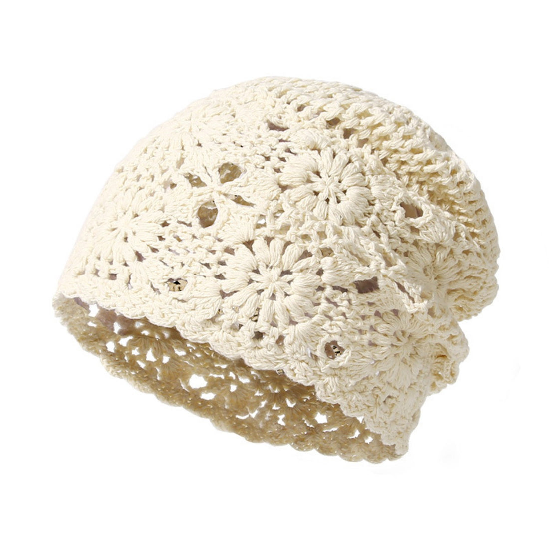 Beige crochet slouchy beanie with floral pattern and scalloped edge.