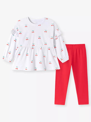 Children's Cherry Print Ruffle Sleeve Top And Leggings Set in Multicolor