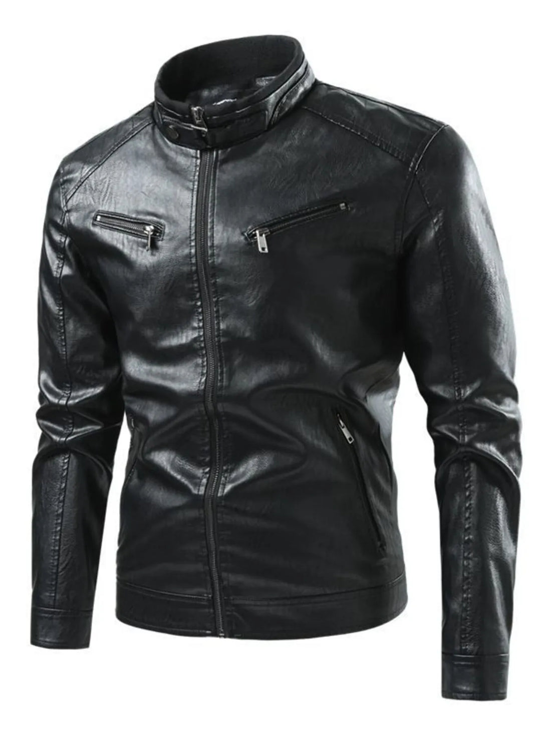 Men's black faux leather moto jacket with zip-up front and multiple zippered pockets.