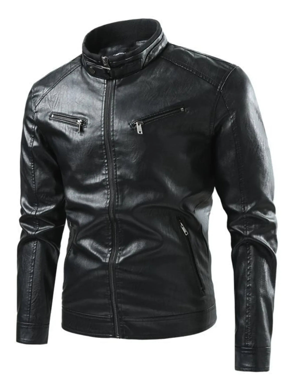 Men's black faux leather moto jacket with zip-up front and multiple zippered pockets.