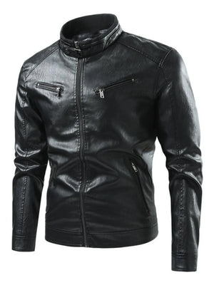 Men's black faux leather moto jacket with zip-up front and multiple zippered pockets.