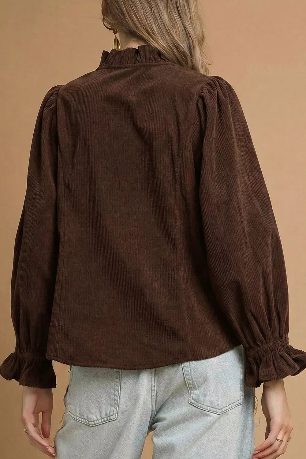 Solid Color Ruffle Trim V Neck Corduroy Jacket in this colorway