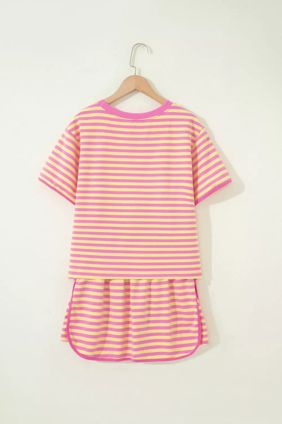 Pink and yellow striped cotton two-piece set with drawstring shorts and a crewneck tee.