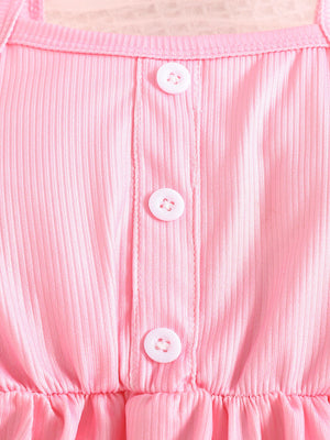 Pink ribbed cotton tank top with button front detail and ruffled hem