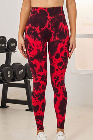 Ink Blot High-Waist Sculpt Leggings in Deep Red with a tie-dye pattern.