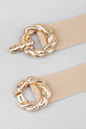 Braided knot stretch belt in tan with gold alloy buckle detail.