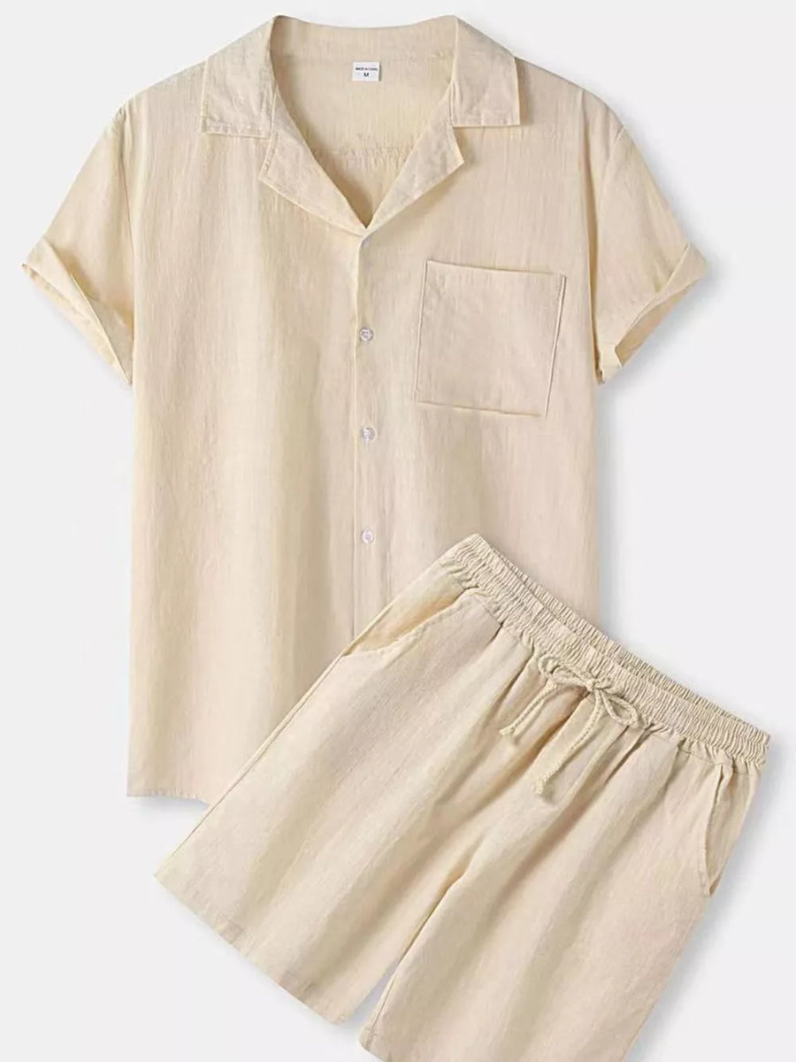 Light beige linen short sleeve camp collar shirt and drawstring shorts set