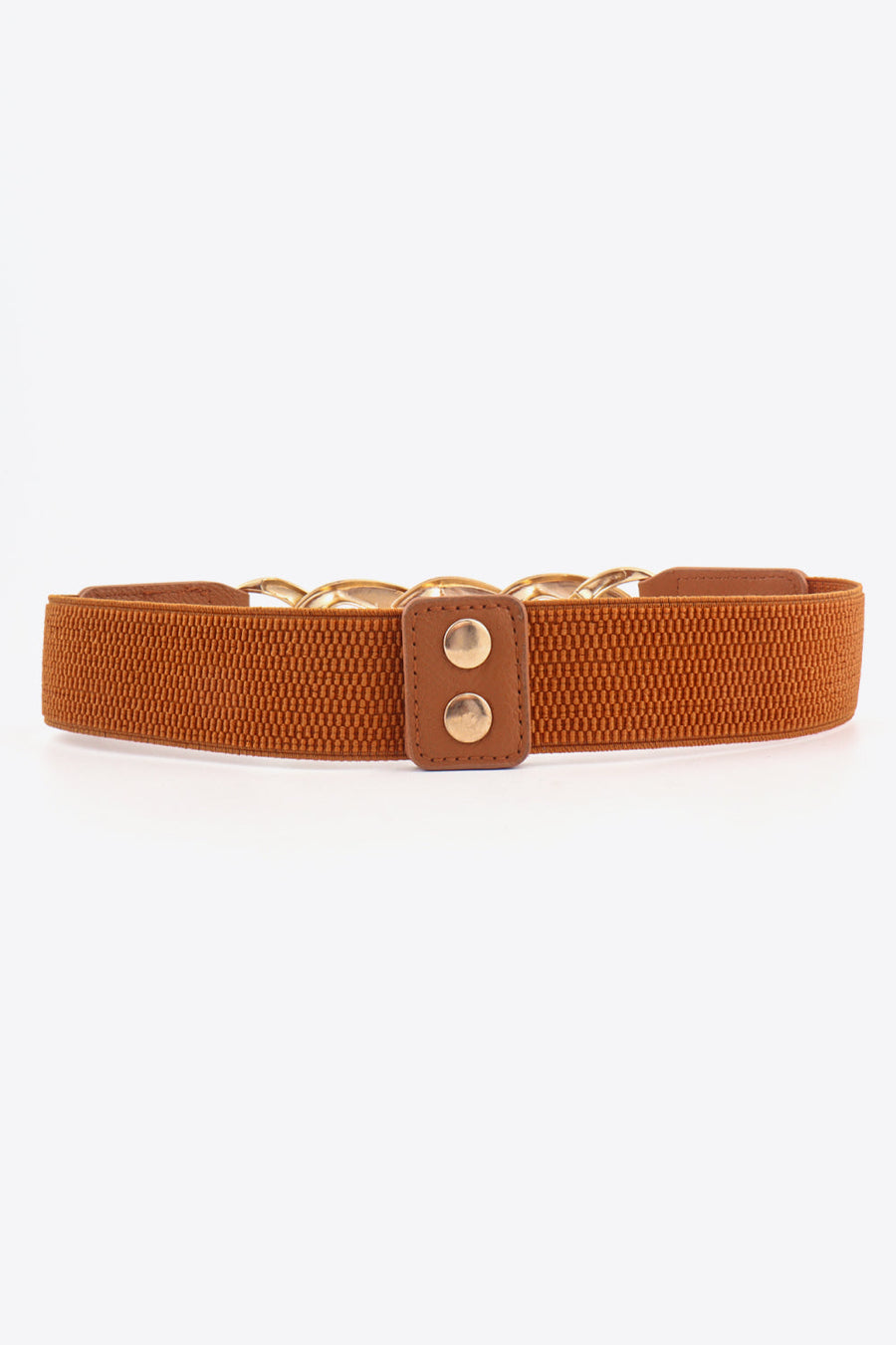 Ochre elastic belt with gold chunky chain detail and faux leather tab