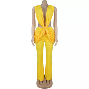 Deep V-neck Knot-front Flare Leg Jumpsuit in Blush Pink with tied