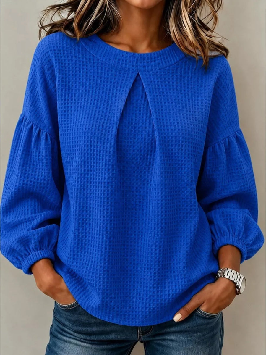 Blue Waffle Knit Round Neck Top