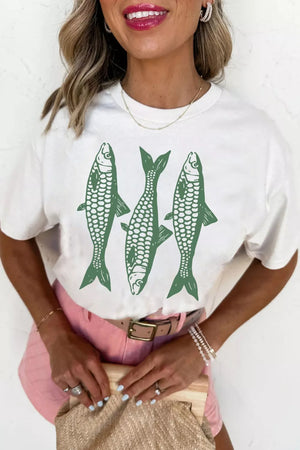 White cotton crew neck t-shirt with a green fish graphic print
