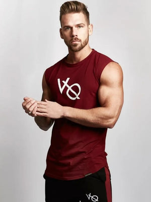 Burgundy graphic muscle tank top with white logo, sleeveless, crew neck.