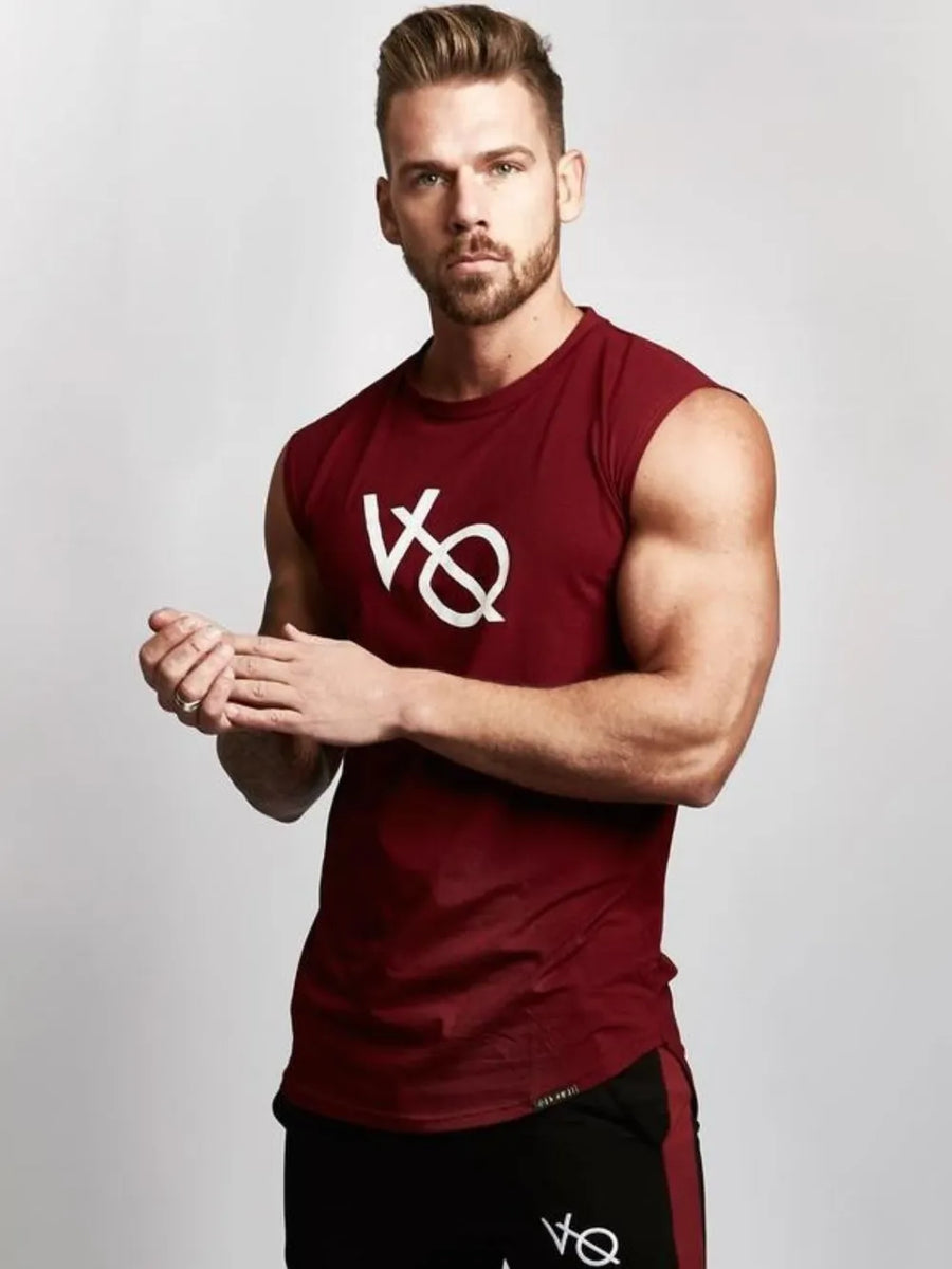 Burgundy graphic muscle tank top with white logo, sleeveless, crew neck.