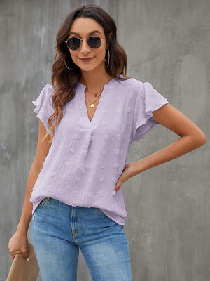 Lavender flutter sleeve Swiss dot blouse with V-neck