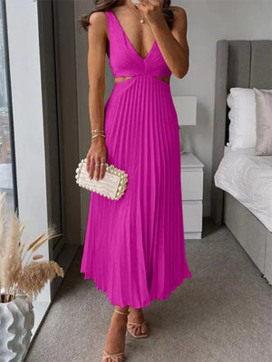 Yellow Elegant Pleated Midi Dress With Cut-outs