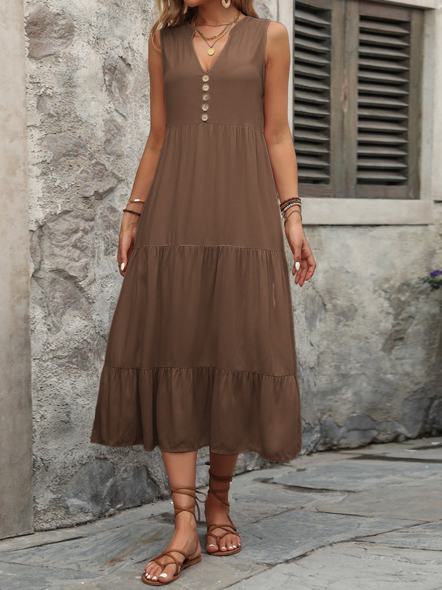 Brown tiered midi sundress with V-neck and button detail