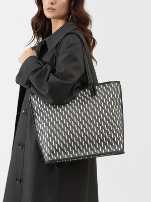 white tote featuring top handles and geometric