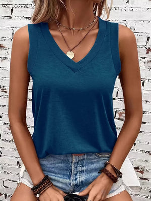 V-neck Ribbed Trim Tank in Khaki Color