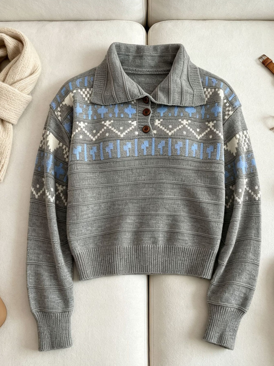polo sweater in Light Gray with Fair Isle and buttoned