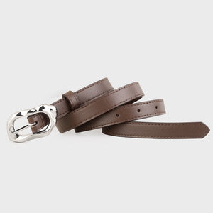 Brown cowhide leather belt with a unique silver buckle and adjustable holes.