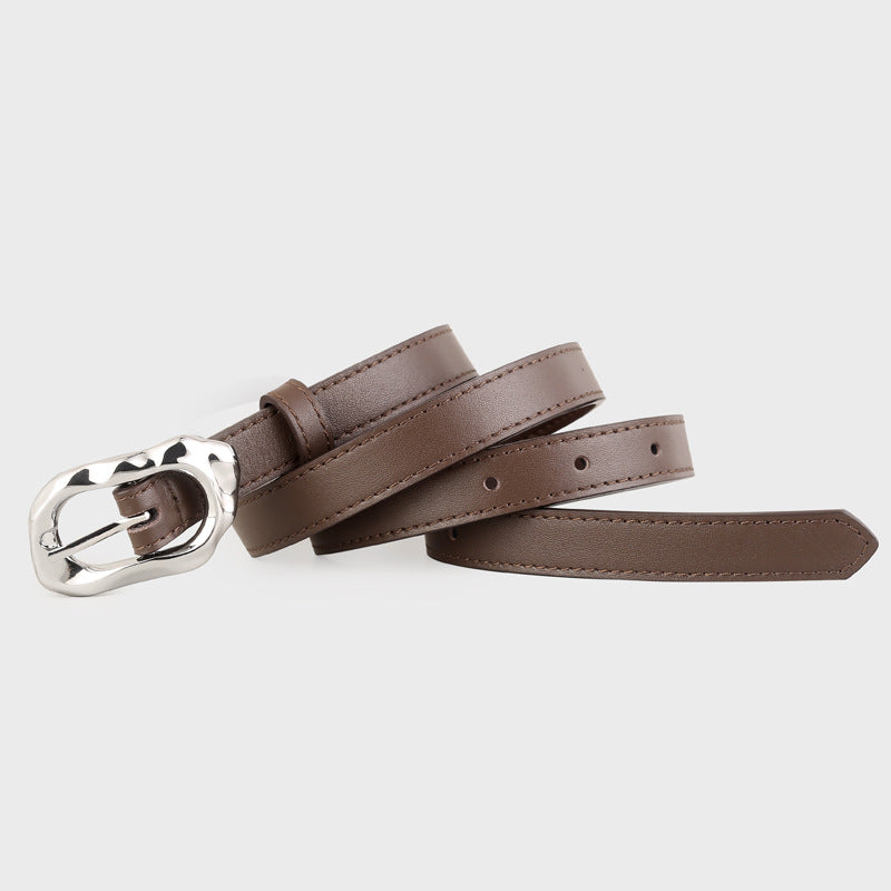Brown cowhide leather belt with a unique silver buckle and adjustable holes.